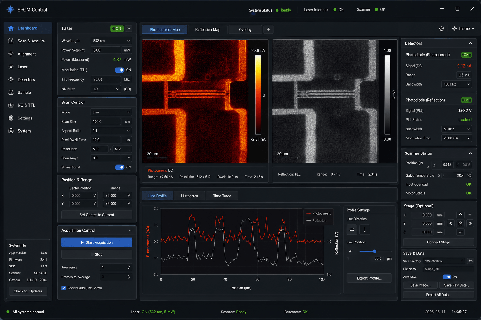 SPCM control software showing photocurrent and reflection maps
